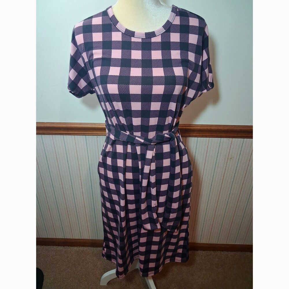 LuLaRoe Marly Gingham Checked Pink & Black Style Shirt Dress w/pockets Size - S